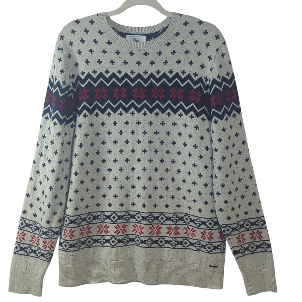 Pac Sun On the‎ Byas Men's Nordic Fair Isle Winter Cream, Navy, and Red Sweater